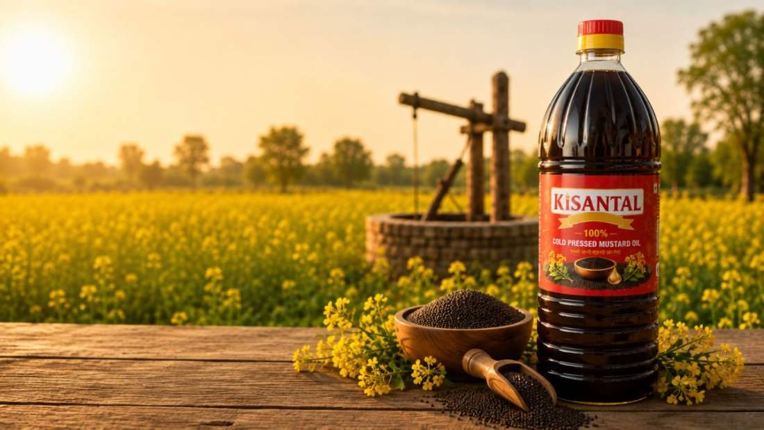 Kisantal cold pressed mustard oil bottle in a mustard field