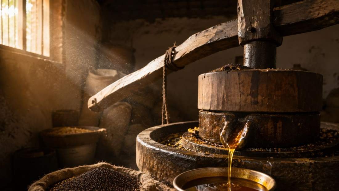 Wooden ghani crushing mustard seeds at the Kisantal mill