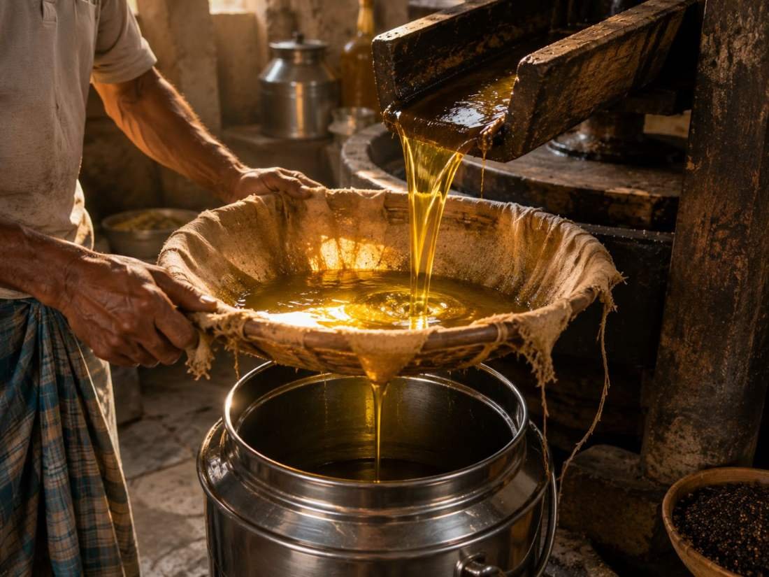 Mustard oil being filtered through cloth