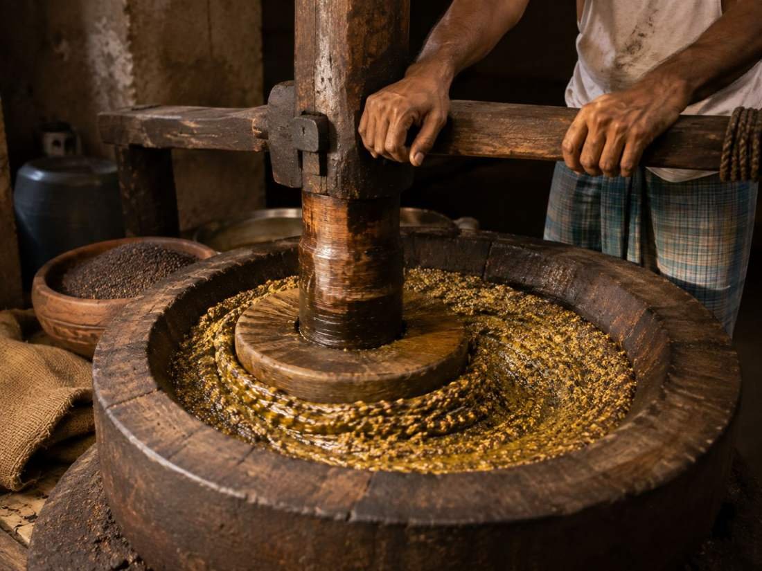 Wooden ghani crushing mustard seed paste