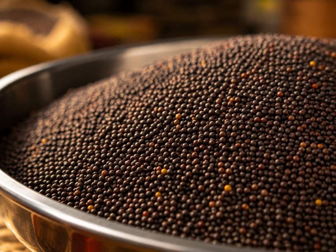 Cleaned black mustard seeds in a steel tray