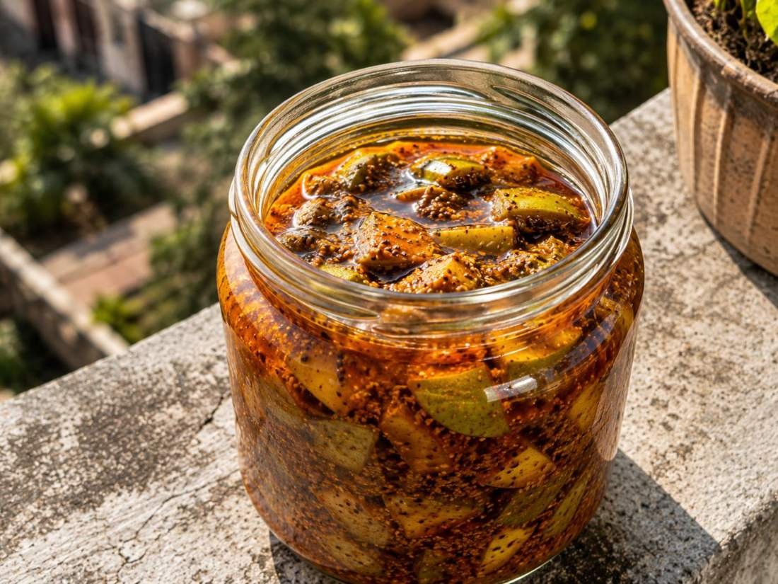 Jar of homemade mango pickle topped with mustard oil