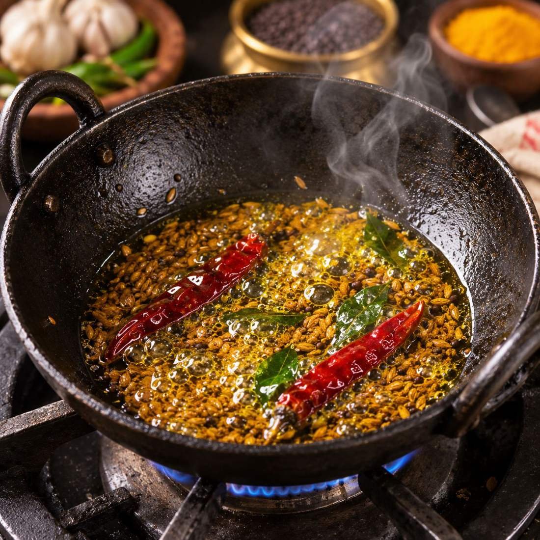 Whole spices frying in hot mustard oil