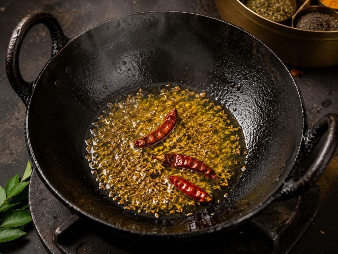 Mustard oil tadka sizzling in an iron kadhai